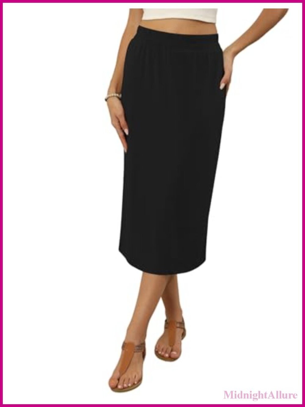 Women's Midi Skirt High Waisted Elastic Waist with Slit Summer